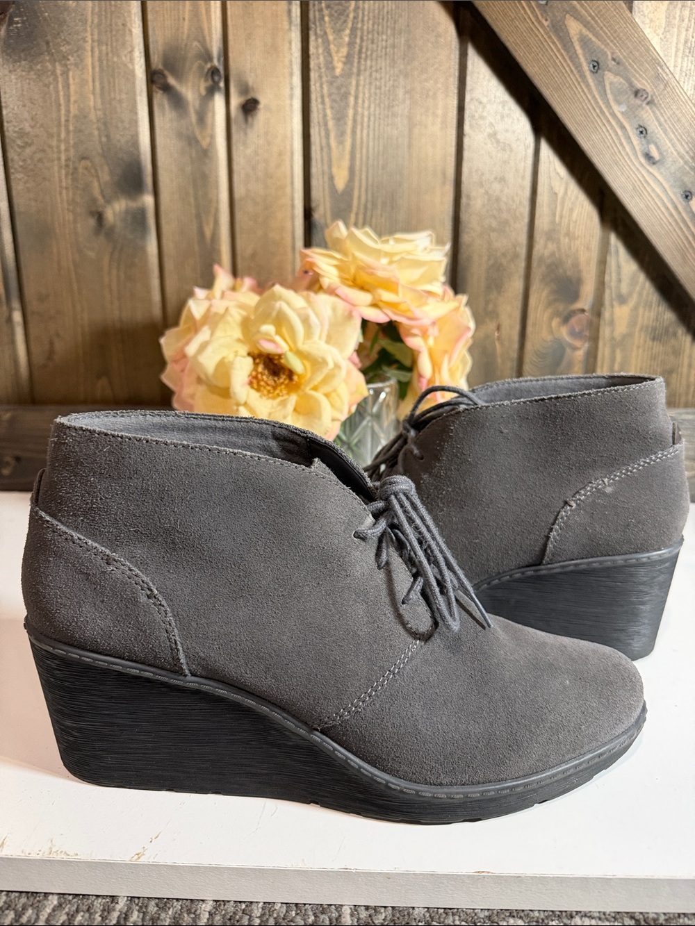 Clarks Gray Suede Wedge Ankle Booties